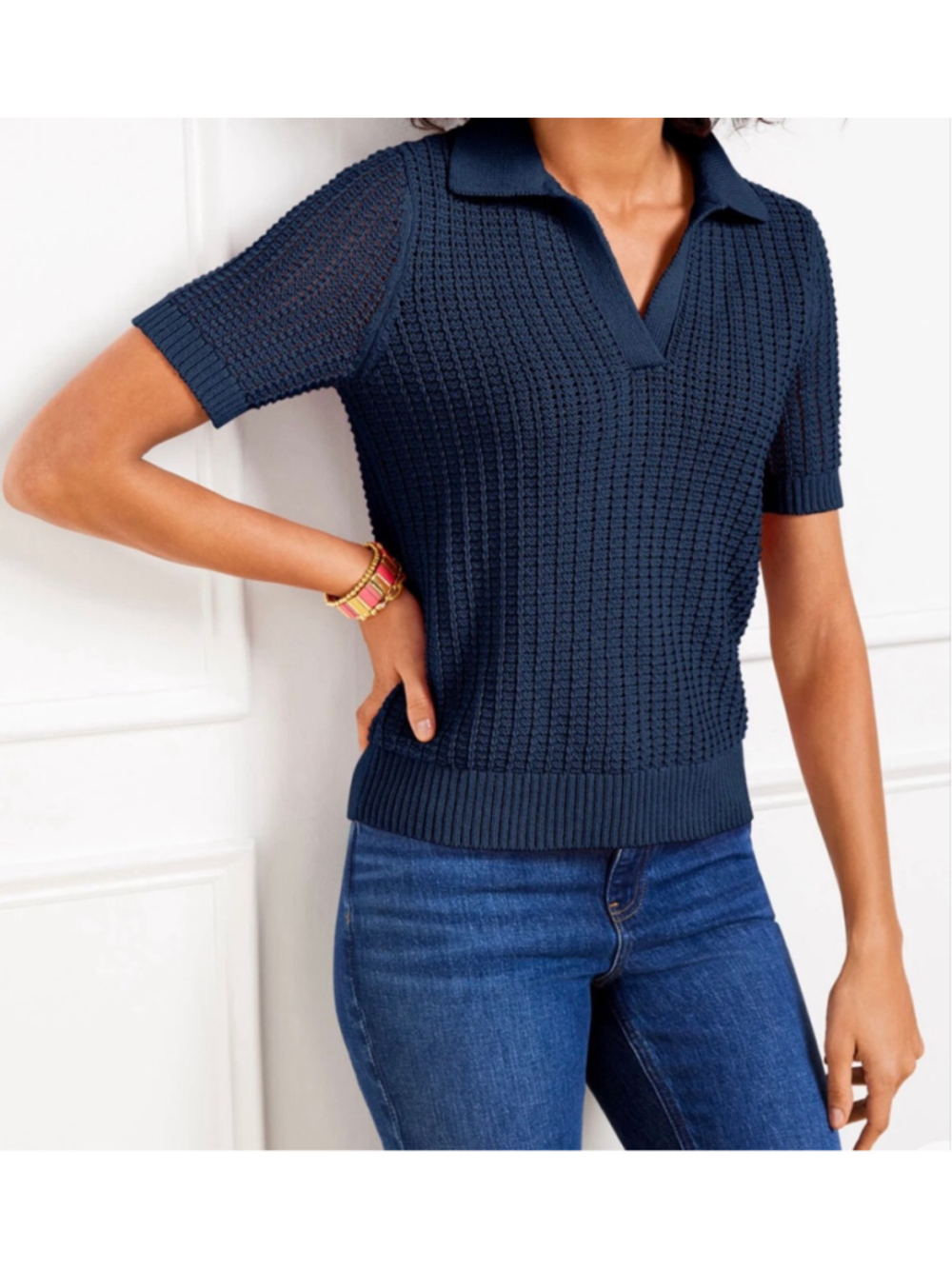 Talbots Navy Pointelle Stitch Polo Sweater L NWT - Picture 11 of 12
